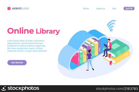 Reading online service isometric, library landing page. Illustration of online library and internet template content vector. Reading online service isometric, library landing page