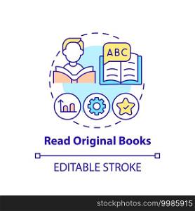 Reading original books concept icon. Learning language tip idea thin line illustration. Building vocabulary. Prevention cognitive decline. Vector isolated outline RGB color drawing. Editable stroke. Reading original books concept icon
