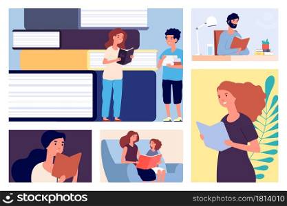 Reading people. Book day, education or library illustration. Mother and child with books, students and teachers vector concept. Education study with books, people person reading. Reading people. Book day, education or library illustration. Mother and child with books, students and teachers vector concept