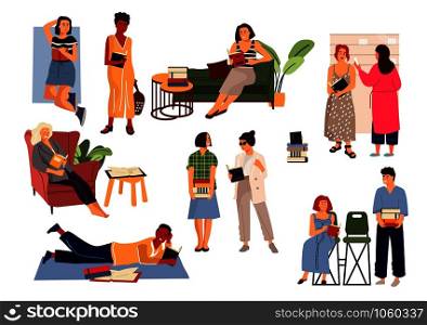 Reading people. Cartoon diverse characters reading at home and studying. Vector image collection young men and women book lovers set for literature examination training on white background. Reading people. Cartoon diverse characters reading at home and studying. Vector young men and women book lovers set