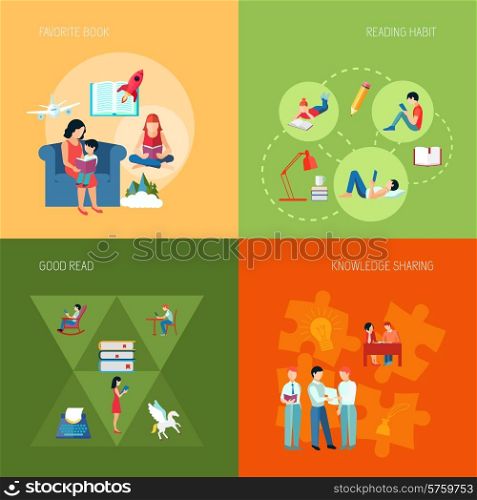 Reading people design concept set with knowledge sharing favorite book flat icons isolated vector illustration. Reading People Set