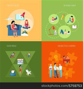 Reading people design concept set with knowledge sharing favorite book flat icons isolated vector illustration. Reading People Set
