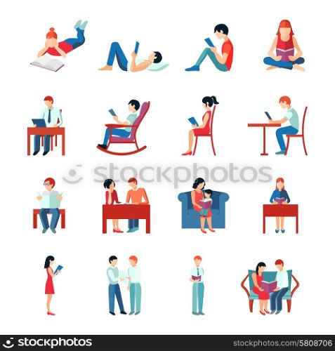 Reading people flat character set with books magazines newspapers isolated vector illustration. Reading People Set