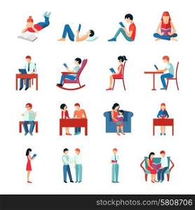 Reading people flat character set with books magazines newspapers isolated vector illustration. Reading People Set
