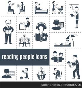 Reading People Icons Set. Reading people black white icons set with books and press flat isolated vector illustration