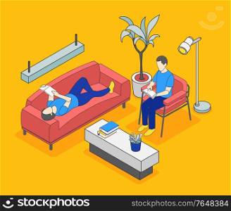 Reading people isometric background composition with interior elements and human characters sitting laying while reading books vector illustration