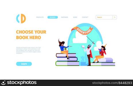Reading people landing. Library smart study time with paper books garish vector web page. Illustration of book hero literature. Reading people landing. Library smart study time with paper books garish vector web page