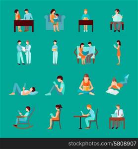 Reading people laying sitting and standing figures set isolated vector illustration. Reading People Set