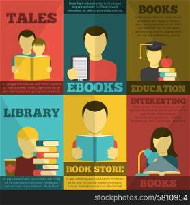 Reading Poster Set. Reading poster set with bookstore library tales and e-books flat isolated vector illustration