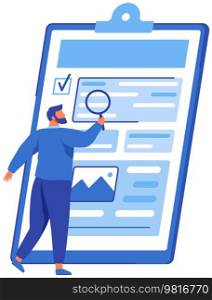 Reading report, survey concept. Man with magnifying glass looking for information in text document. Employee analyzes term of contract. Analysis data launch of new business project. Check startup data. Man with loupe looking for information in text document. Symbol of startup launch