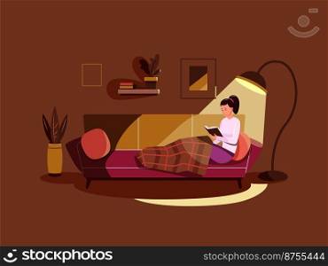 Reading under lamp. Read book in bedroom before bed, girl night reader books light, woman on couch, rest room home library house interior, cartoon flat icon garish vector illustration. Reading under lamp. Read book in bedroom before bed, girl night reader books light, woman on couch, rest room home library house interior