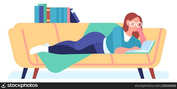 Reading woman laying on couch. Book lover leisure time. Vector illustration. Reading woman laying on couch. Book lover leisure time