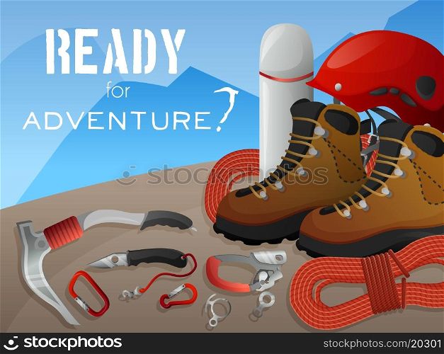 Ready for adventure mountain peaks climbing equipment and sportswear decorative background banner print flat abstract vector illustration. Mountain climbing adventure background banner