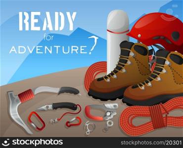 Ready for adventure mountain peaks climbing equipment and sportswear decorative background banner print flat abstract vector illustration. Mountain climbing adventure background banner