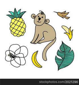 Ready for cards, posters, prints and other usage. Set of stickers with funny tropical monkey, exotic flower and fruits