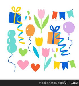 Ready for cards, posters, prints and other usage. Vector set for stickers or cards on the theme of birthday with flowers, gifts and balloons