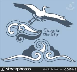 Ready for cards, posters, prints and other usage. Vector set of illustrations of a crane flying in the sky and stylized clouds