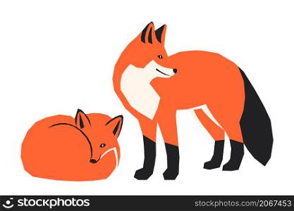 Ready for cards, posters, prints and other usage. Vector illustration of a pair of foxes, one lies, one stands, simple and bright childish design