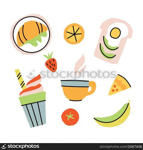 Ready for cards, posters, prints and other usage. Vector set of stickers with breakfast food and drinks