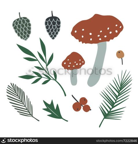 Ready for cards, posters, prints and other usage. Vector collection with amanita mushrooms and forest plants