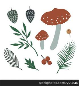 Ready for cards, posters, prints and other usage. Vector collection with amanita mushrooms and forest plants