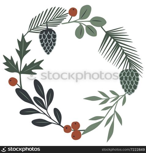 Ready for cards, posters, prints and other usage. Forest Plants Wreath Christmas Decoration with branches, berries and cones