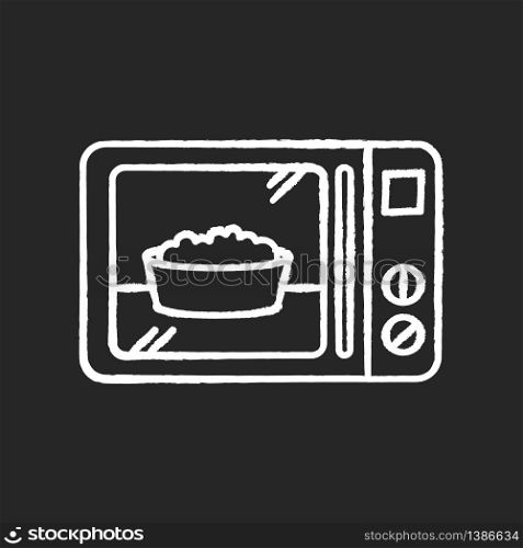 Ready meal chalk white icon on black background. Microwave food. Heated popcorn in bowl. Meal preparation. Kitchenware electric utensils. Oven cooking dish. Isolated vector chalkboard illustration. Ready meal chalk white icon on black background