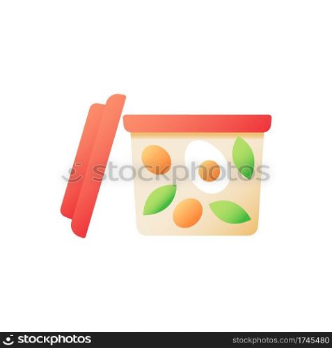 Ready meal delivery vector flat color icon. Vegetables storage, plastic box for refrigerator. Healthy dinner take out. Cafe take away. Cartoon style clip art for mobile app. Isolated RGB illustration. Ready meal delivery vector flat color icon