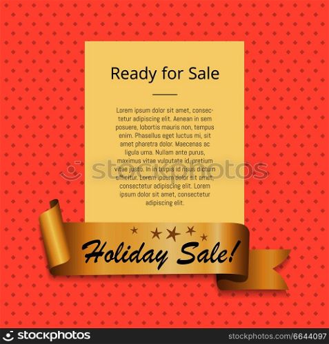 Ready to holiday sale promo poster with golden ribbon with premium offer text vector illustration frame on pink background with rhombus elements. Ready to Holiday Sale Promo Poster Golden Ribbon