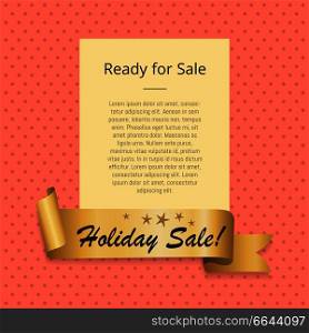 Ready to holiday sale promo poster with golden ribbon with premium offer text vector illustration frame on pink background with rhombus elements. Ready to Holiday Sale Promo Poster Golden Ribbon