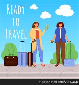 Ready to travel social media post mockup. Girls with luggage. Going on vacation. Advertising web banner design template. Social media booster. Promotion poster, print ads with flat illustrations. Ready to travel social media post mockup