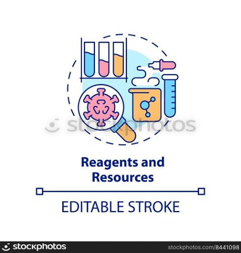 Reagents and resources concept icon. Pandemic preparedness preclinical research abstract idea thin line illustration. Isolated outline drawing. Editable stroke. Arial, Myriad Pro-Bold fonts used. Reagents and resources concept icon