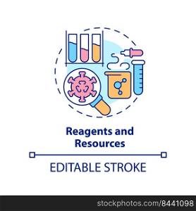 Reagents and resources concept icon. Pandemic preparedness preclinical research abstract idea thin line illustration. Isolated outline drawing. Editable stroke. Arial, Myriad Pro-Bold fonts used. Reagents and resources concept icon
