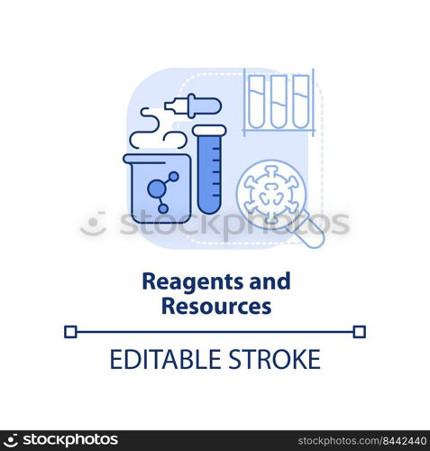 Reagents and resources light blue concept icon. Pandemic preclinical research abstract idea thin line illustration. Isolated outline drawing. Editable stroke. Arial, Myriad Pro-Bold fonts used. Reagents and resources light blue concept icon