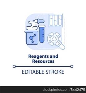 Reagents and resources light blue concept icon. Pandemic preclinical research abstract idea thin line illustration. Isolated outline drawing. Editable stroke. Arial, Myriad Pro-Bold fonts used. Reagents and resources light blue concept icon