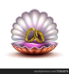 Reaistic golden wedding rings in seashell isolated on white background. To marry vector concept. Illustration of engagement and romance, gift in shell. Reaistic golden wedding rings in seashell isolated on white background. To marry vector concept