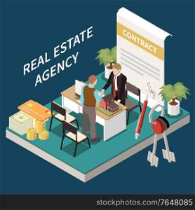 Real estate agency isometric composition with characters of client and agent office interior elements with contract vector illustration