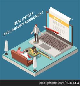 Real estate agency isometric composition with laptop stage characters of agent clients and contract on screen vector illustration