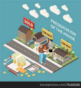 Real estate agency isometric composition with view of street row of houses for sale and people vector illustration