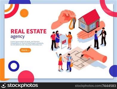 Real estate agency isometric concept of web banner with colorful geometric elements on white background vector illustration. Estate Agency Isometric Concept Banner