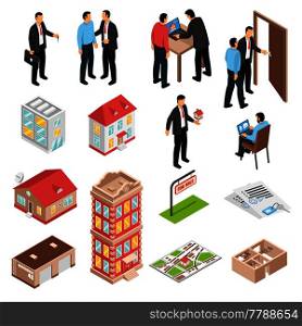 Real estate agency isometric set with customers realtors and various types of buildings isolated vector illustration . Real Estate Agency Isometric Set