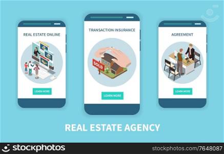 Real estate agency isometric set with learn more buttons text and conceptual images of selling houses vector illustration