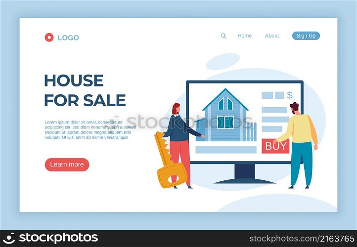 Real estate agency landing page, house for sale. Vector real house estate, website of realtor, building investment and purchase property illustration. Real estate agency landing page, house for sale