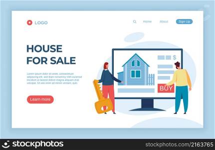 Real estate agency landing page, house for sale. Vector real house estate, website of realtor, building investment and purchase property illustration. Real estate agency landing page, house for sale