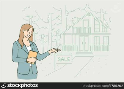 Real estate agent at work concept. Young smiling woman Realtor agent standing and showing house for sale Vector illustration.. Real estate agent at work concept