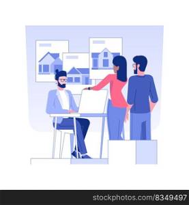 Real estate agent consulting clients isolated concept vector illustration. Professional real estate agent talking with clients, contracting broker, consulting people process vector concept.. Real estate agent consulting clients isolated concept vector illustration.