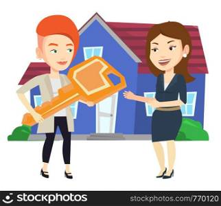 Real estate agent giving key to a new owner of house. Young real estate agent passing house keys to a new owner. Woman buying a new house. Vector flat design illustration isolated on white background.. Real estate agent giving key to new house owner.