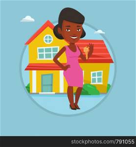 Real estate agent holding key. Real estate agent with key standing on the background of the house. Happy new owner with house key. Vector flat design illustration in the circle isolated on background.. Real estate agent with key vector illustration.