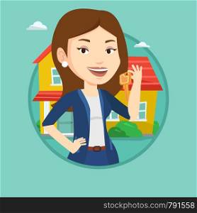 Real estate agent holding key. Real estate agent with key standing on the background of the house. Happy new owner with house key. Vector flat design illustration in the circle isolated on background.. Real estate agent with key vector illustration.