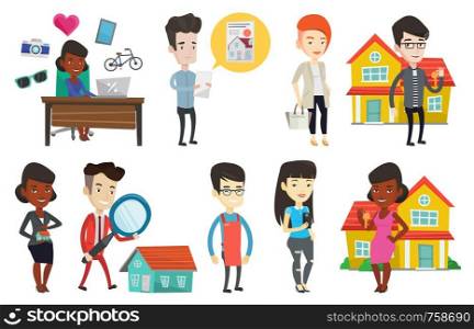 Real estate agent holding keys. Real estate agent standing with keys on the background of house. Happy new owner with house keys. Set of vector flat design illustrations isolated on white background.. Vector set of real estate agents and house owners.